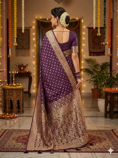 Soft Silk Wine & Golden Zari Border Swarovski Work with Booti/Unstitched Blouse