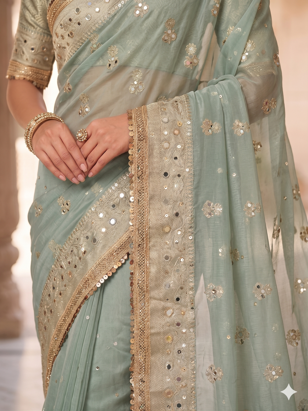 Organza Mint Green Sequence Work Sequence Border/Unstitched Blouse