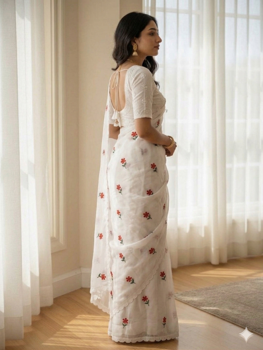 White SAREE WITH THREAD WORK & BLOUSE BANGLORI BLOUSE WITH SEQUENCE WORK