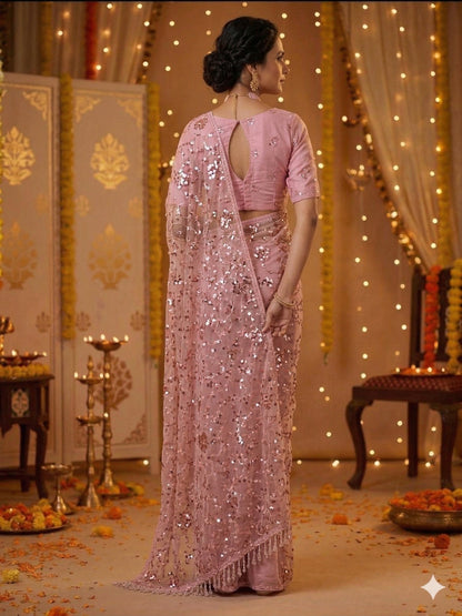 Soft Net Onion Pink Sequence Saree with Unsticthed Blouse