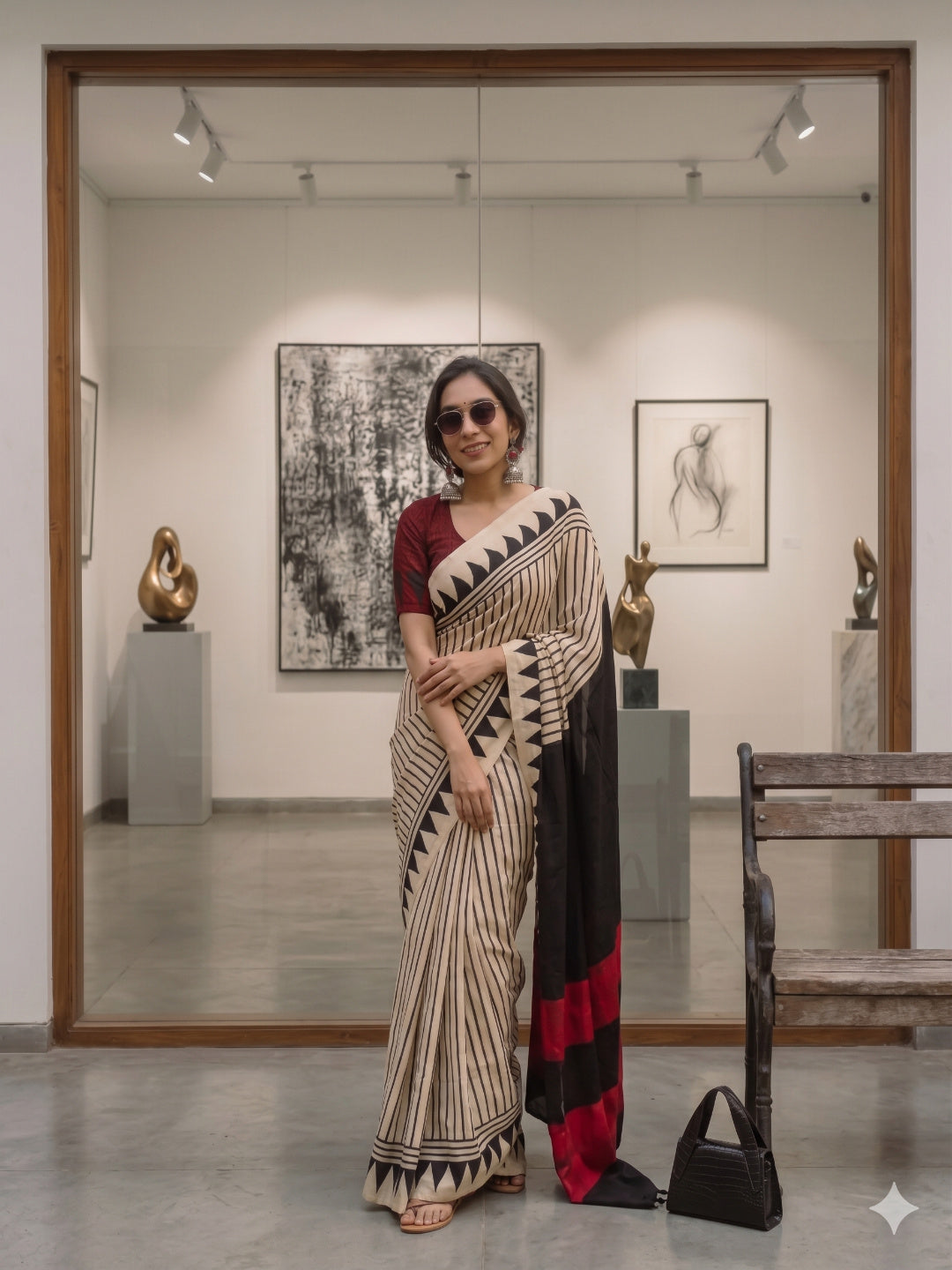 Satin Silk Cream & Black Print Saree