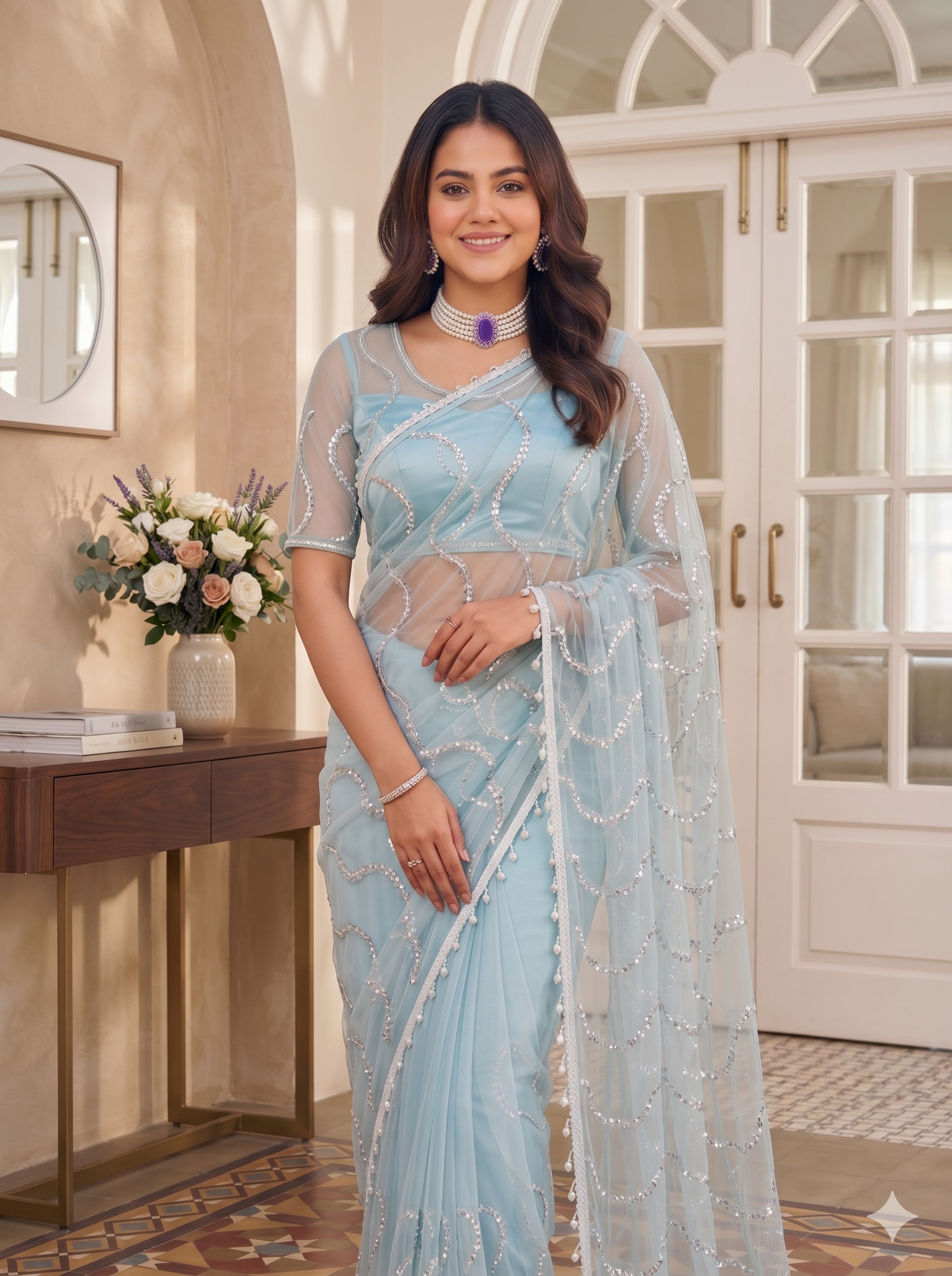 Net Sequence Saree with Unsticthed Blouse