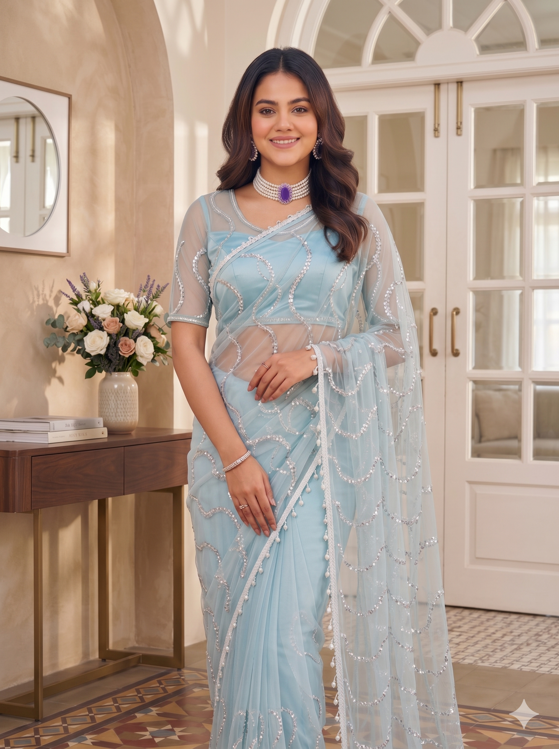 Net Sequence Saree with Unsticthed Blouse