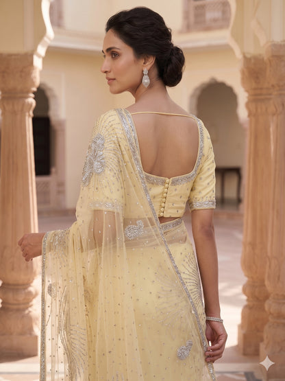 Light Yellow Star Net Saree Cut & Sequins Embroidery Work