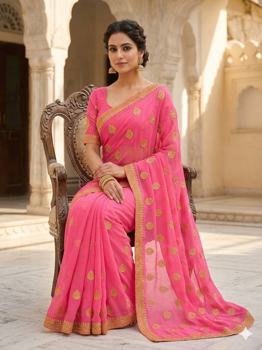 Pink golden Embroidery Georgette Saree