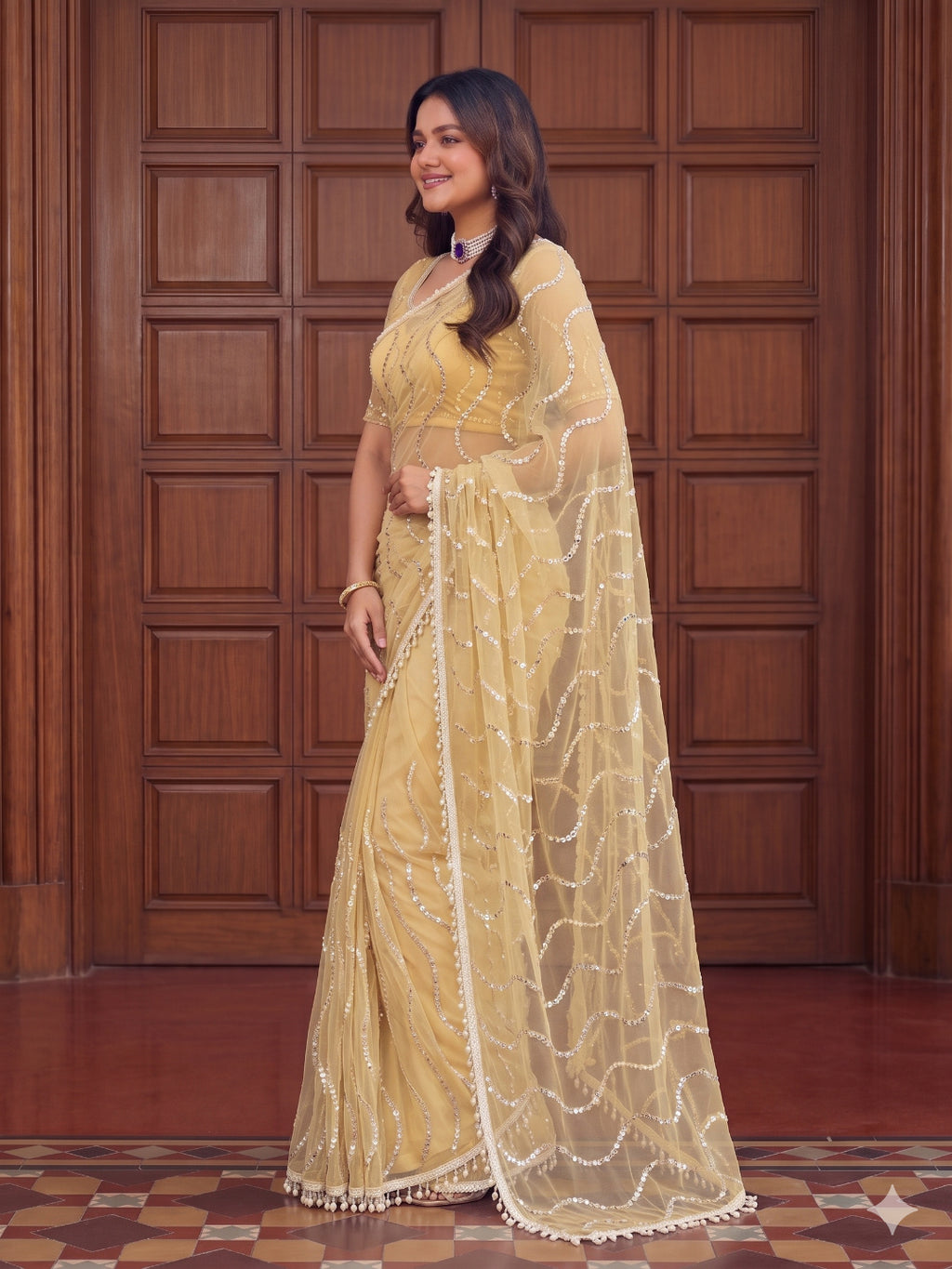 Net Sequence Saree with Unsticthed Blouse