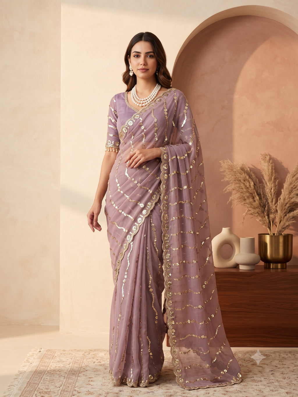 Georgette Green Sequins Work Saree/Sari