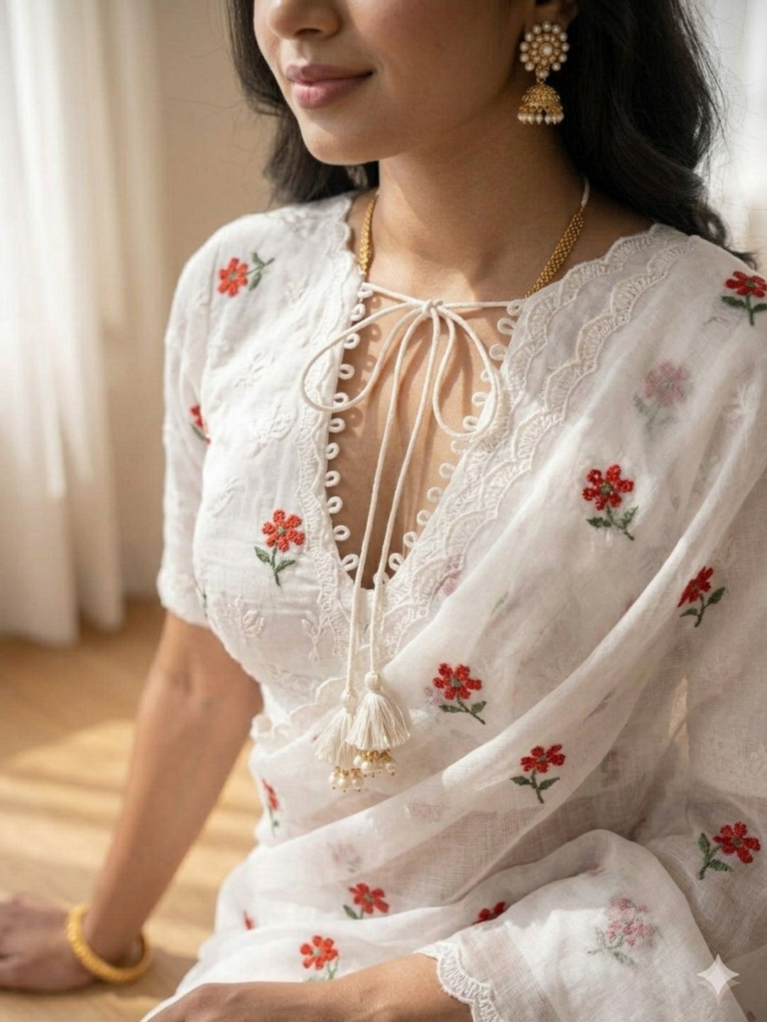 White SAREE WITH THREAD WORK & BLOUSE BANGLORI BLOUSE WITH SEQUENCE WORK