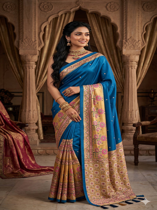 Japan Satin Silk Mirror Work with Latkan Pallu Border