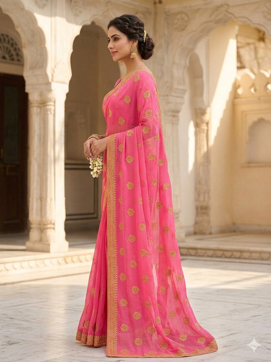 Pink golden Embroidery Georgette Saree