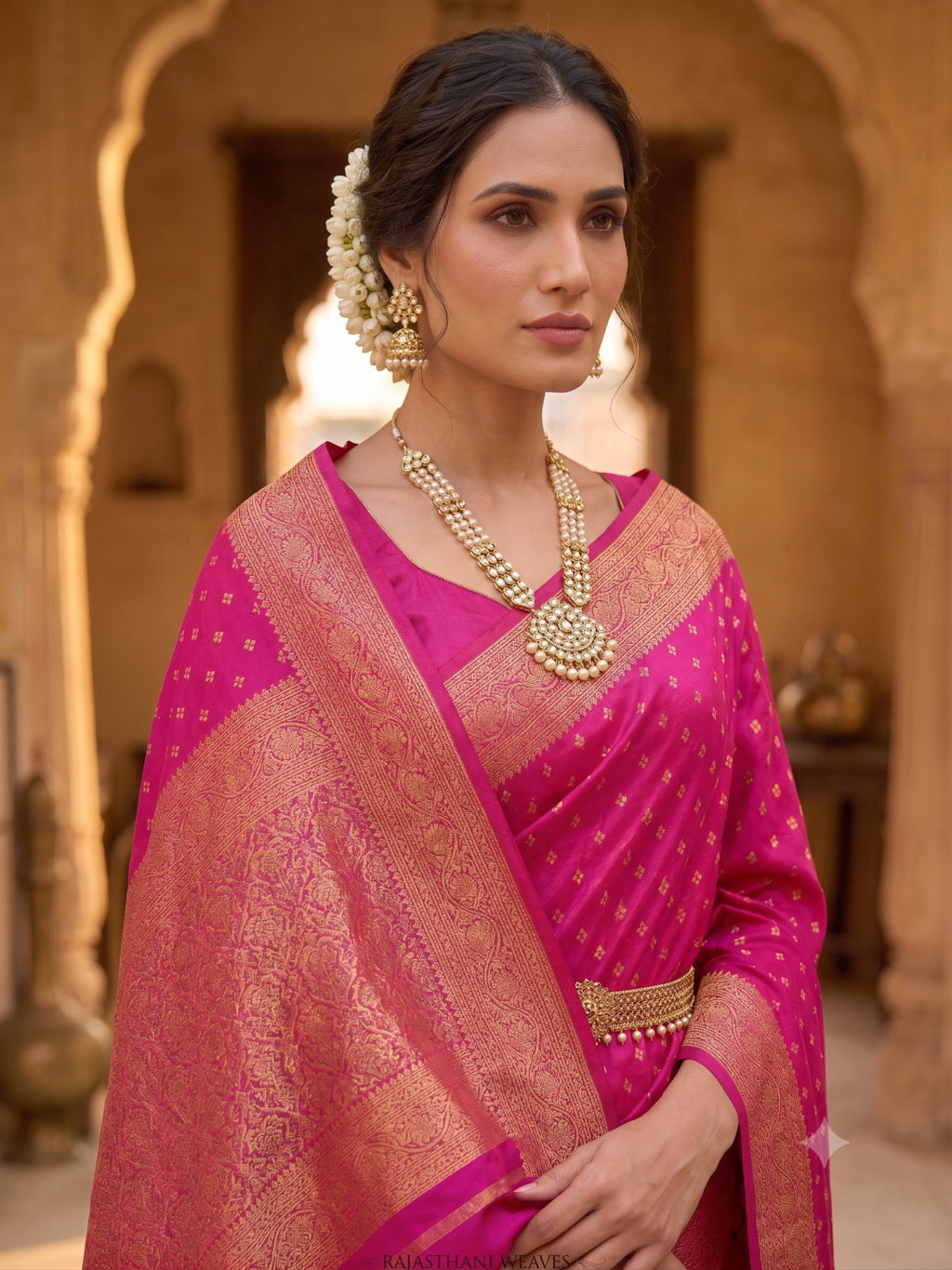 Silk Blend Golden Zari Border Woven Design Saree with Booti/Unstitched Blouse