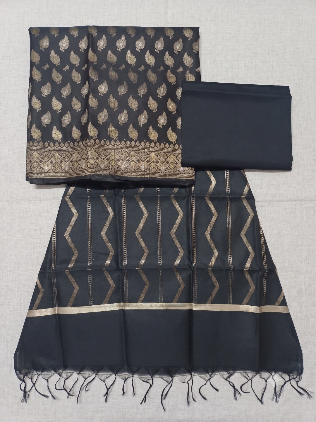 Black Banarsi Cotton Silk 3 pc unstitched dress material Suit