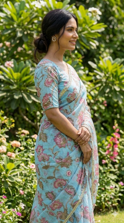 Sky blue Georgette Embellished , Sequins Work, Hand Mirror Work Saree/Sari