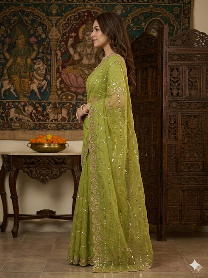 Georgette Green Sequins Work Saree/Sari