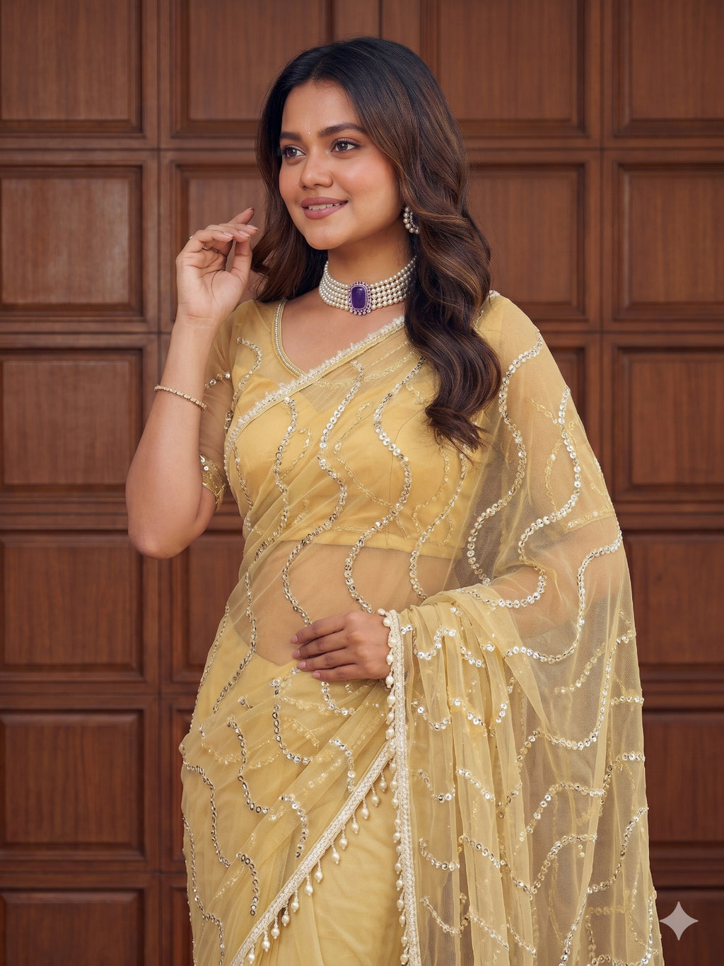 Net Sequence Saree with Unsticthed Blouse