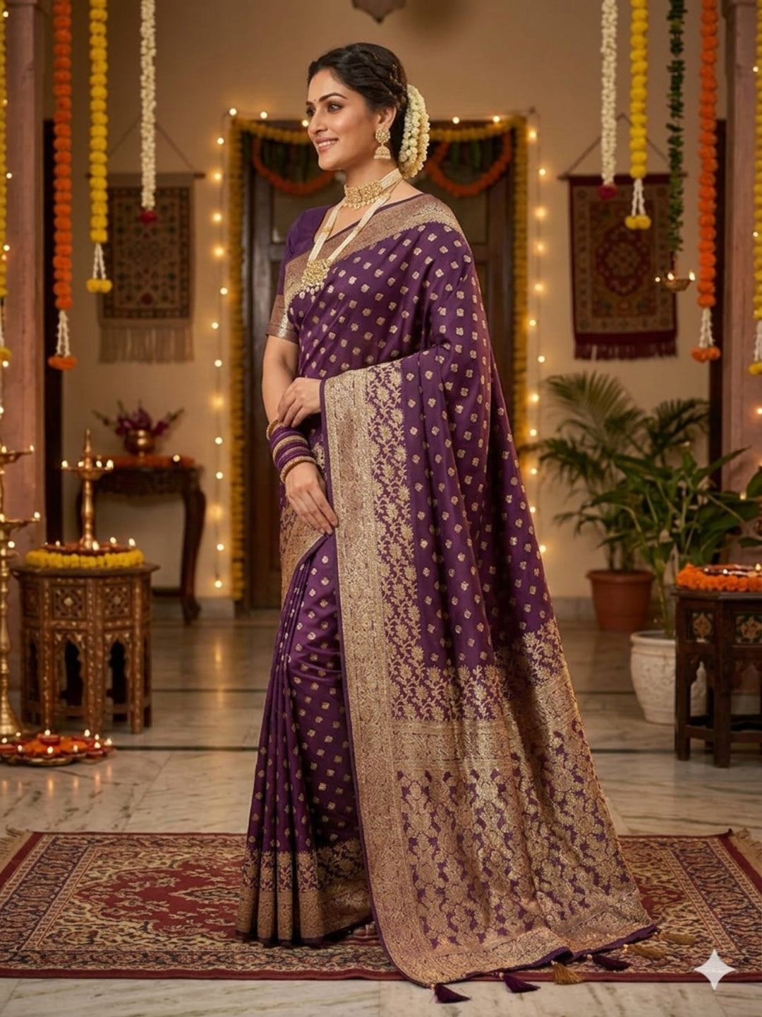 Soft Silk Wine & Golden Zari Border Swarovski Work with Booti/Unstitched Blouse