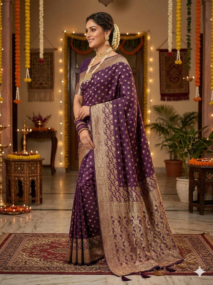 Soft Silk Wine & Golden Zari Border Swarovski Work with Booti/Unstitched Blouse