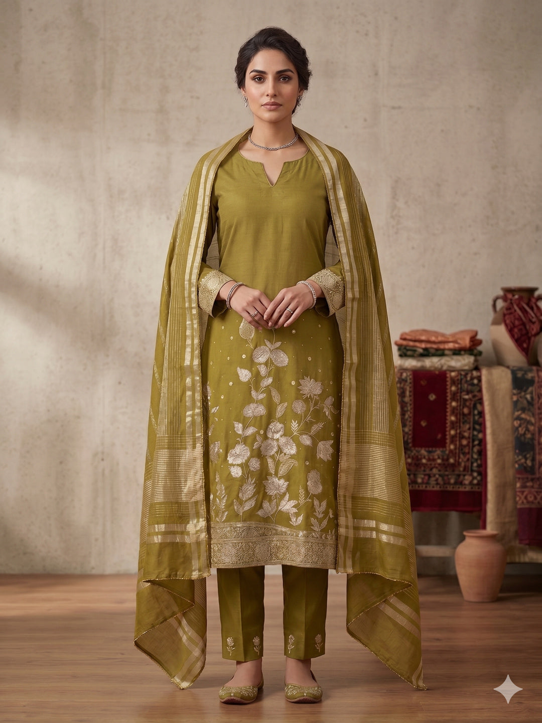 Green Unstitched 3pc Suit Cotton Suit Embroidery Work