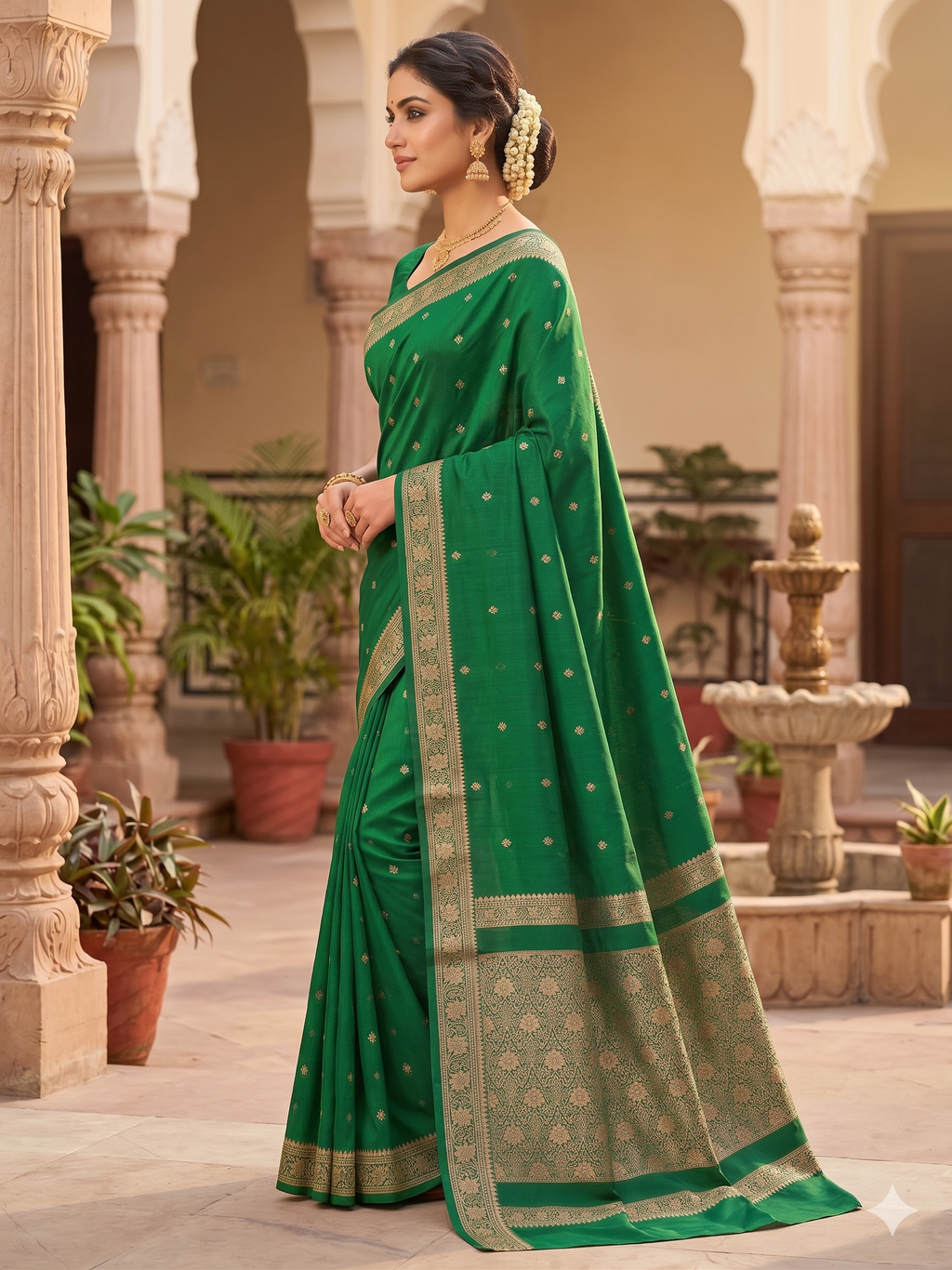 Soft Silk Green embroidery/Woven Design Saree with Unstitched Blouse