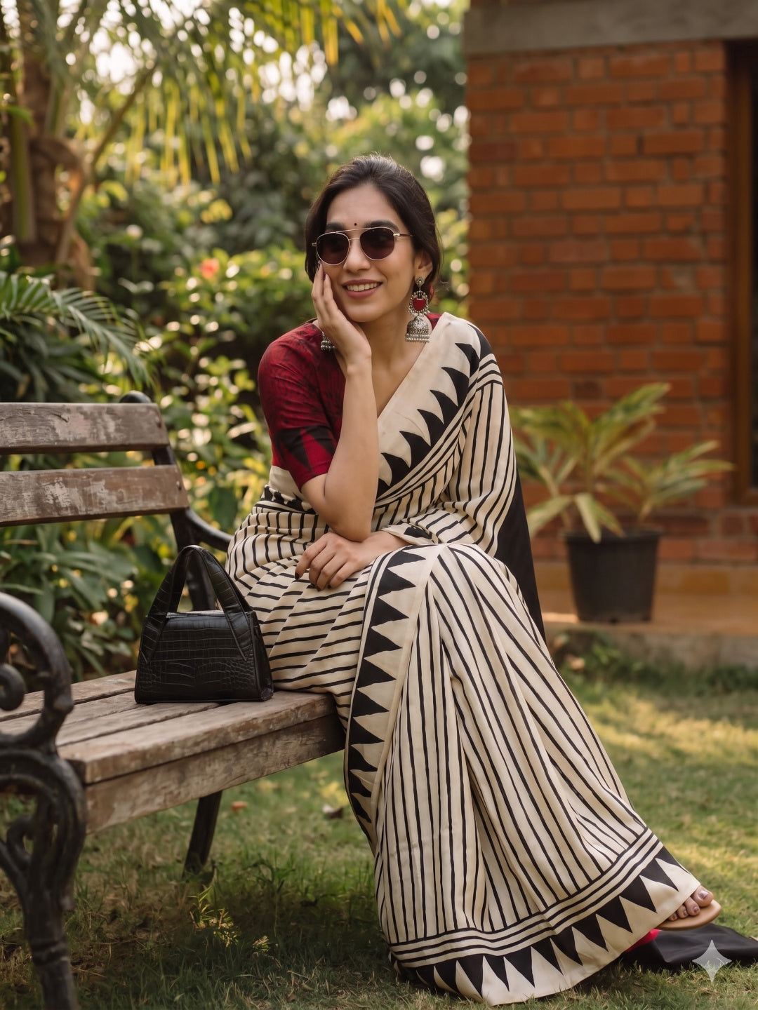 Satin Silk Cream & Black Print Saree