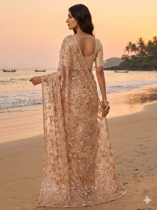 Soft Net Brown Copper Sequence Saree with Unsticthed Blouse