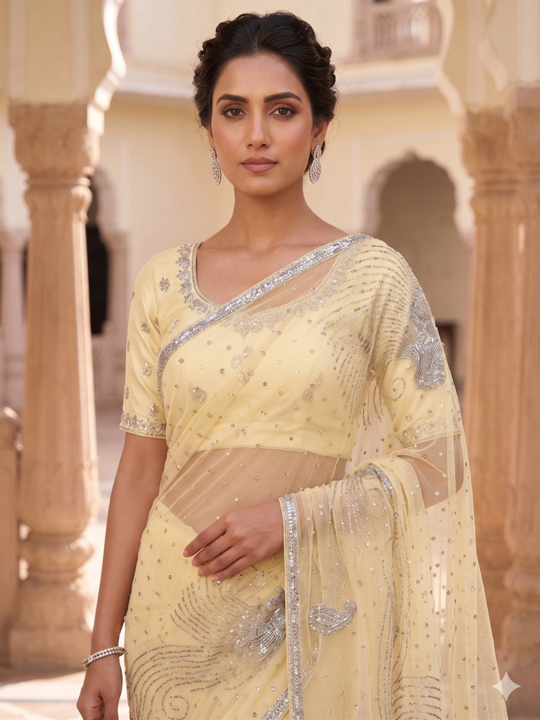 Light Yellow Star Net Saree Cut & Sequins Embroidery Work