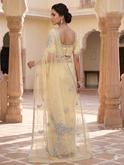 Light Yellow Star Net Saree Cut & Sequins Embroidery Work