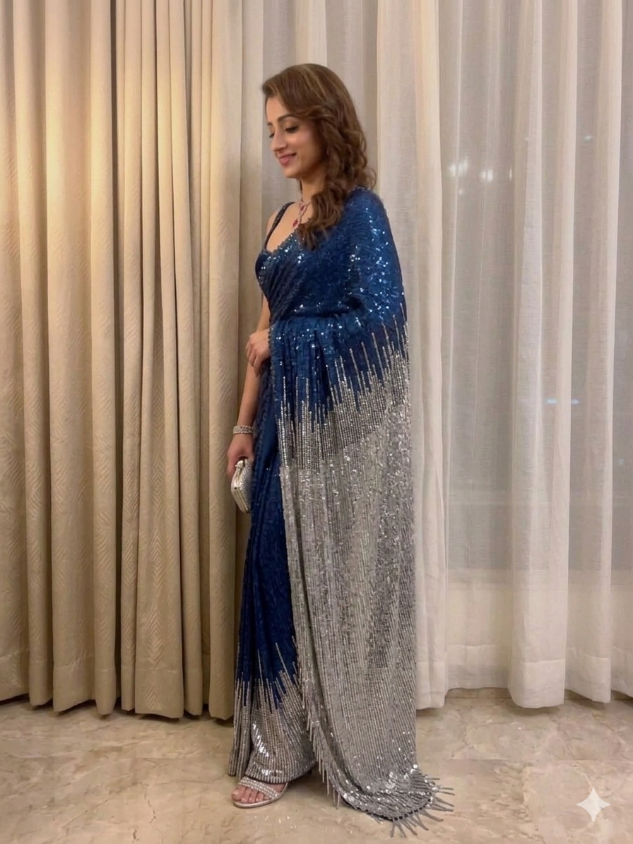 Heavy Pallu Dual Sequins Georgette Embroidery Work In Saree/Sari