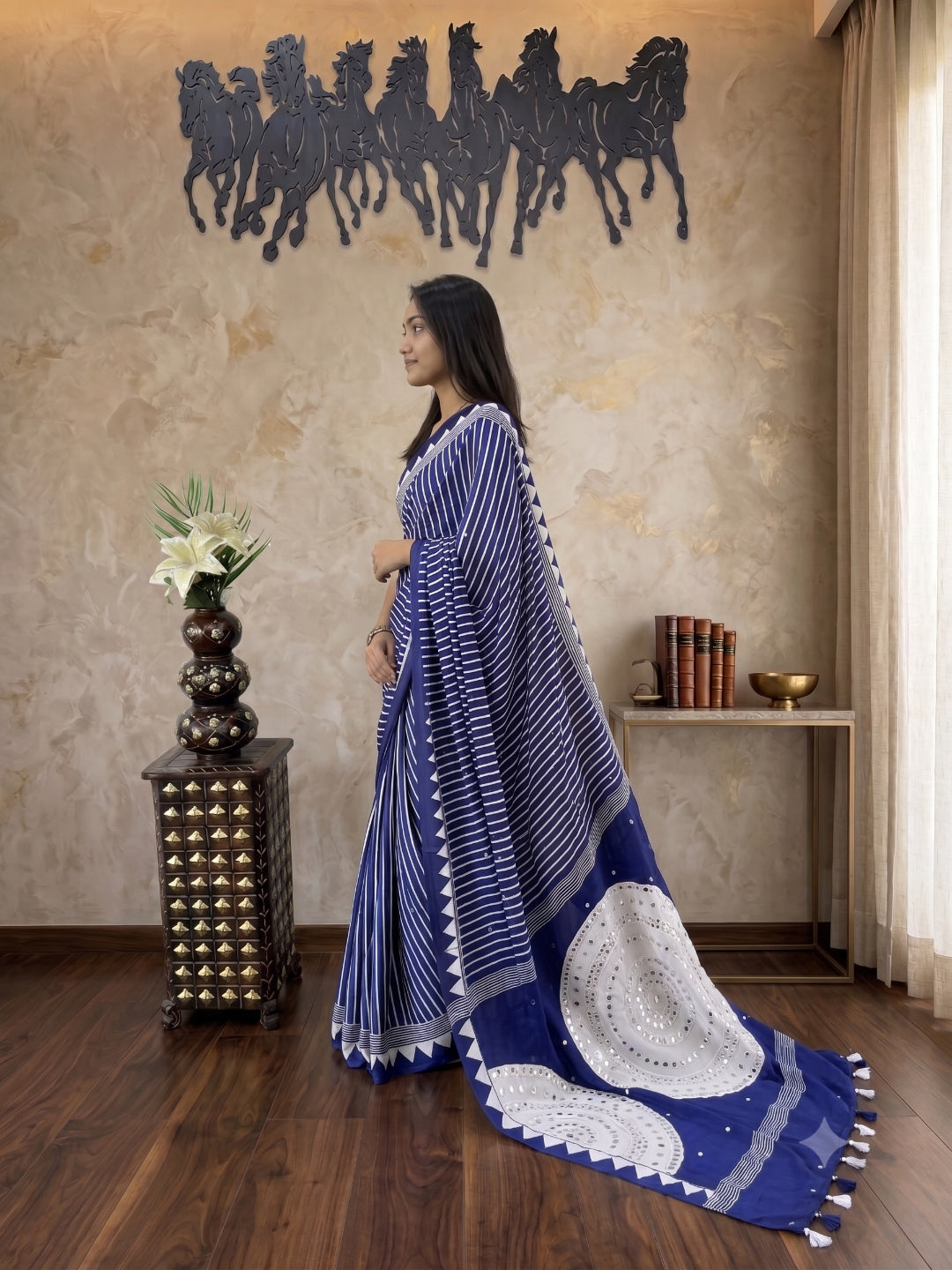 Soft Heavy Mall Cotton Blue & White Silk Sarees
