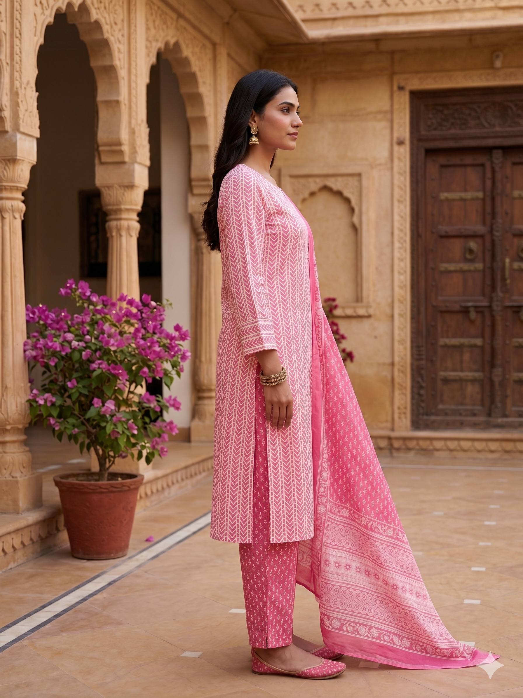 Pink Unstitched 3pc Suit Cotton Suit Printed Solid Work