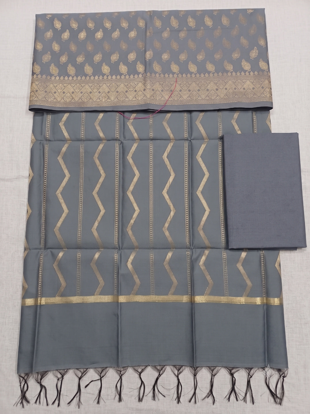 Grey Banarsi Cotton Silk 3 pc unstitched dress material Suit