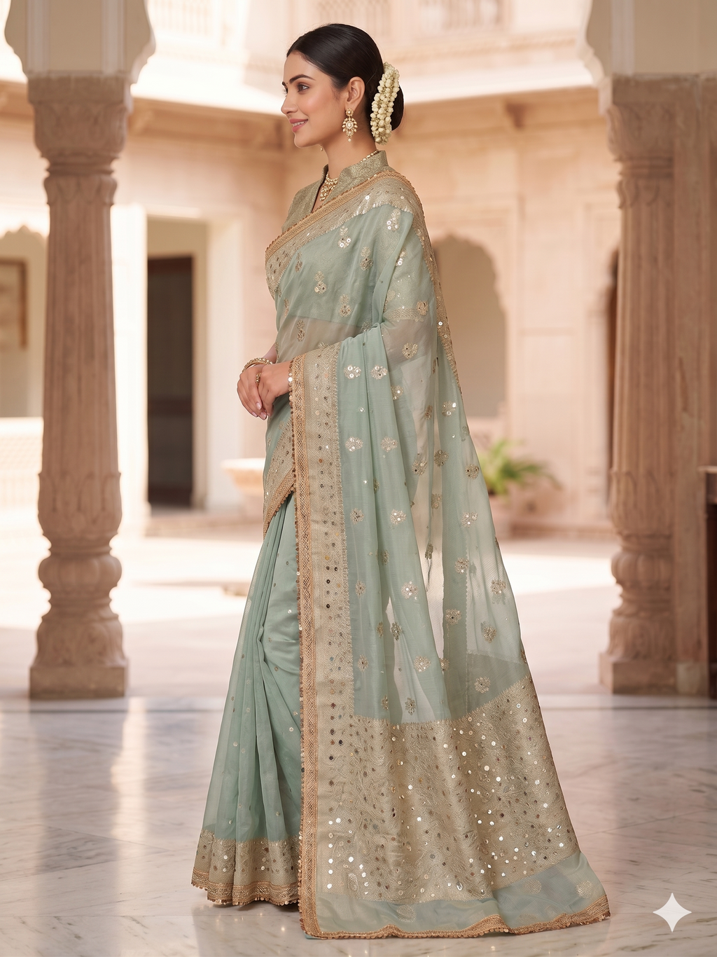 Organza Mint Green Sequence Work Sequence Border/Unstitched Blouse