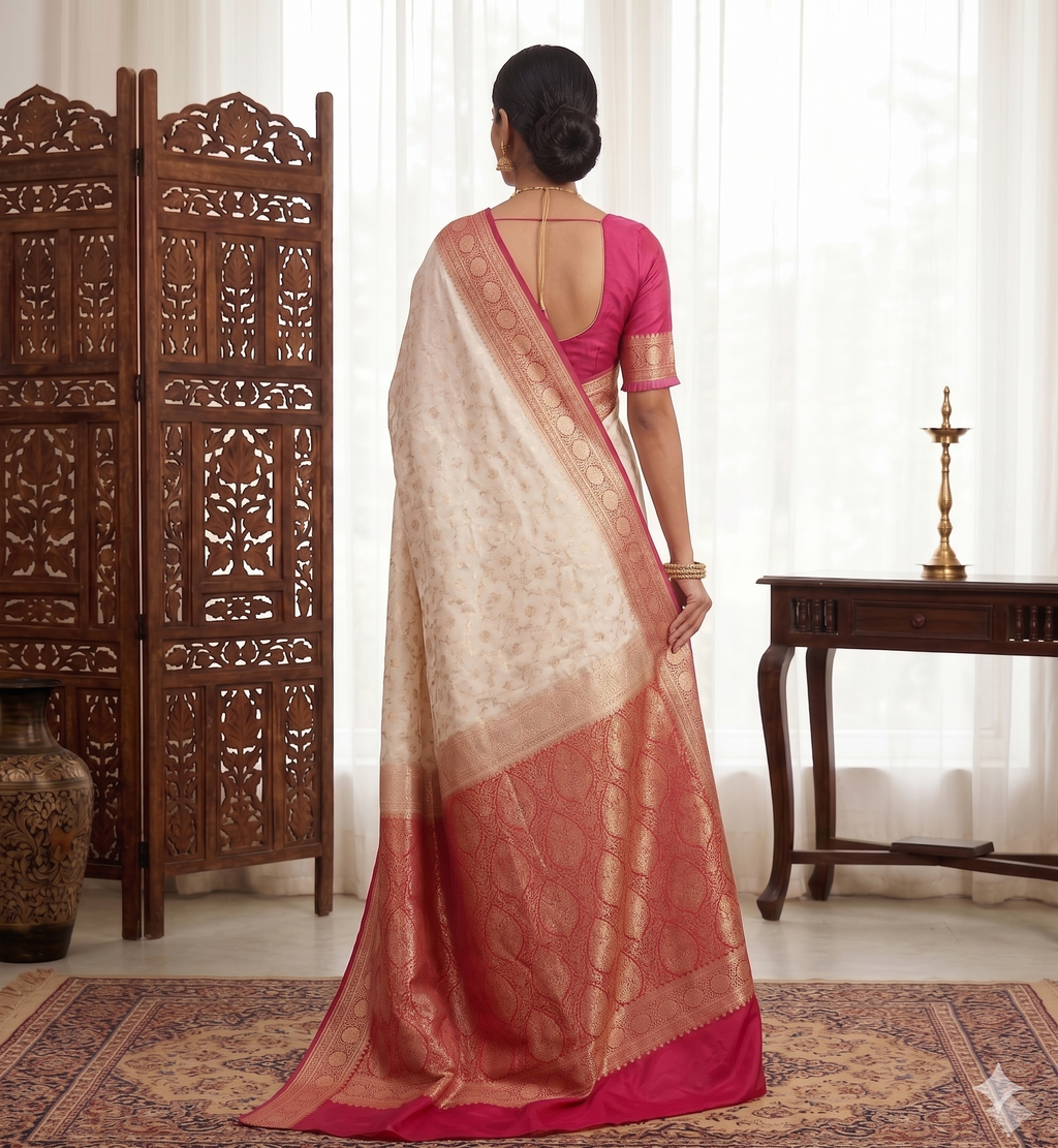 Banarasi Silk Cream & Dark Pink Zari Weaving Work Unstitched Blouse