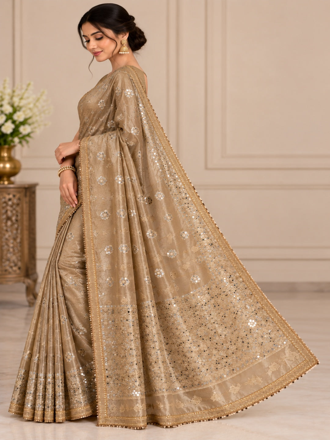 Woven Design Mirror Work Tissue Designer Banarasi Saree