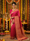 Soft Silk Dark Pink & Golden Zari Border Swarovski Work with Booti/Unstitched Blouse