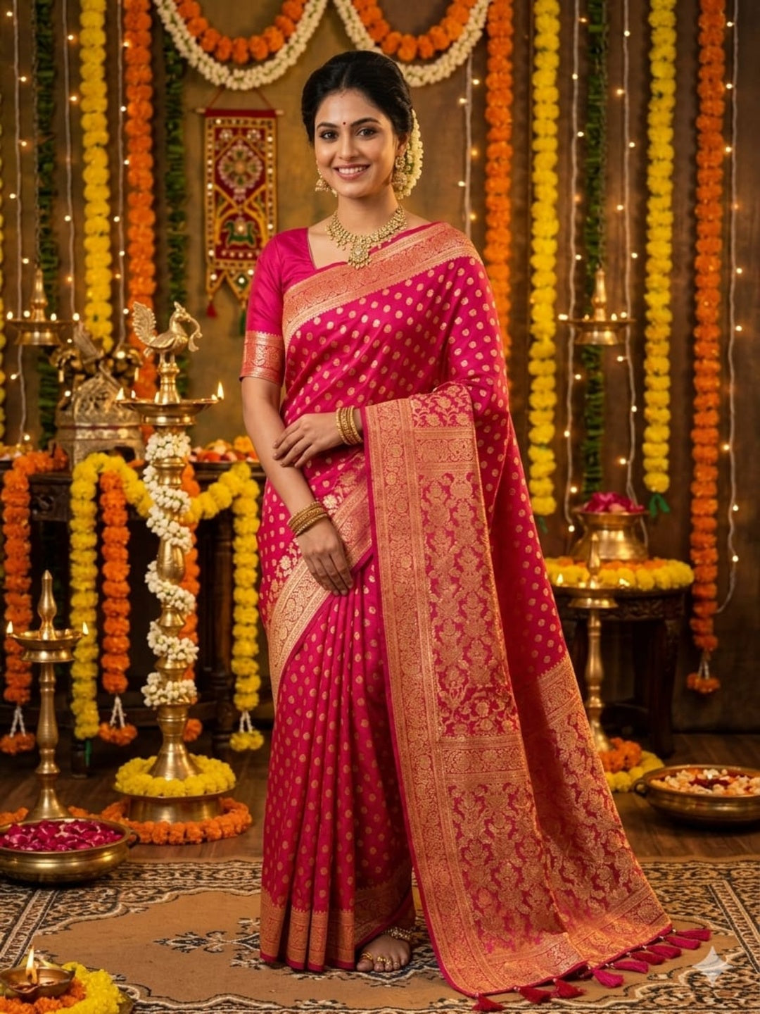 Soft Silk Dark Pink & Golden Zari Border Swarovski Work with Booti/Unstitched Blouse