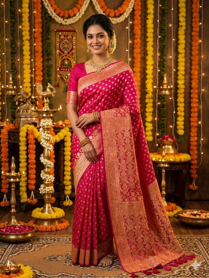 Soft Silk Dark Pink & Golden Zari Border Swarovski Work with Booti/Unstitched Blouse