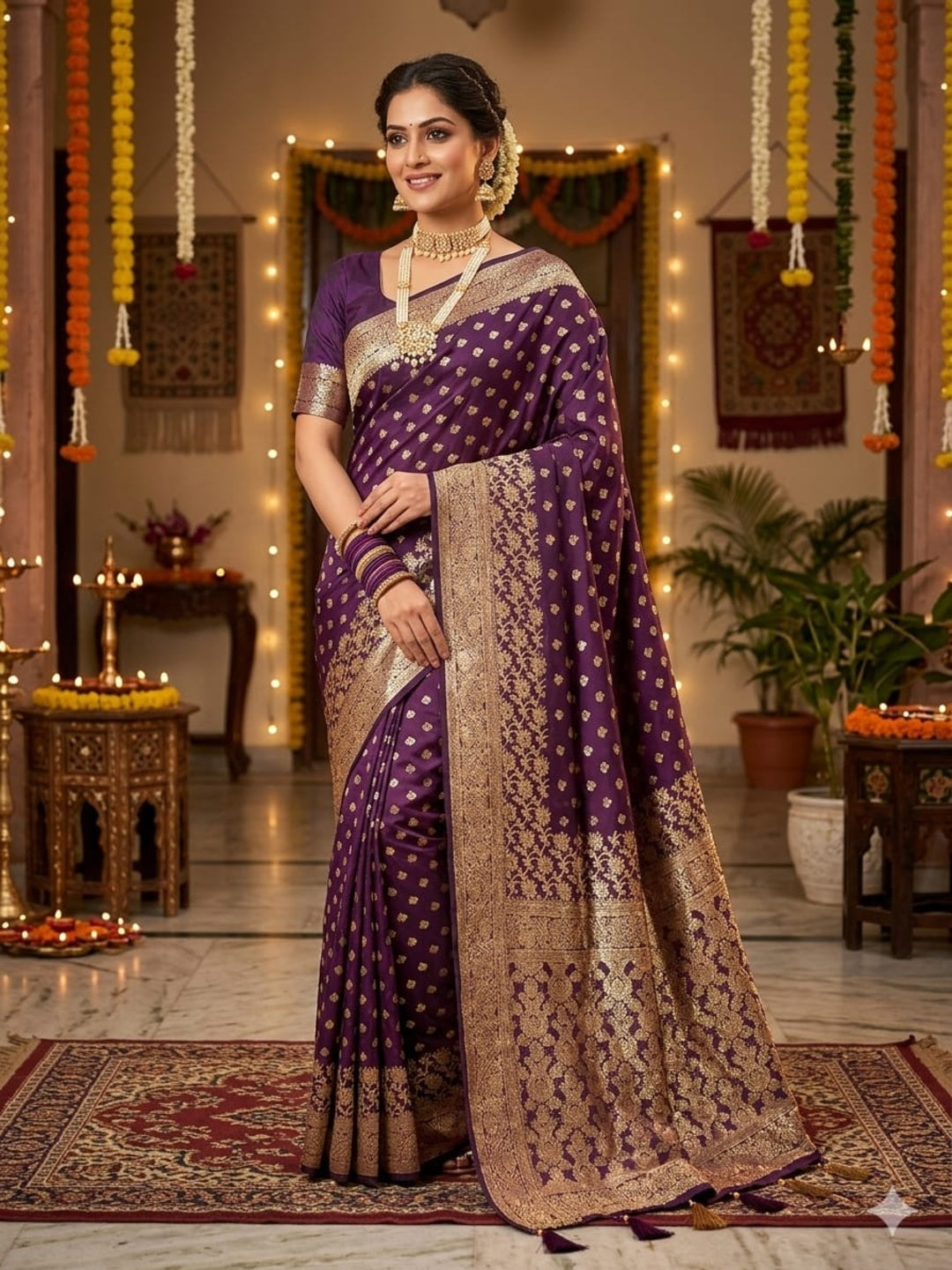 Soft Silk Wine & Golden Zari Border Swarovski Work with Booti/Unstitched Blouse