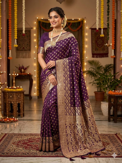 Soft Silk Wine & Golden Zari Border Swarovski Work with Booti/Unstitched Blouse