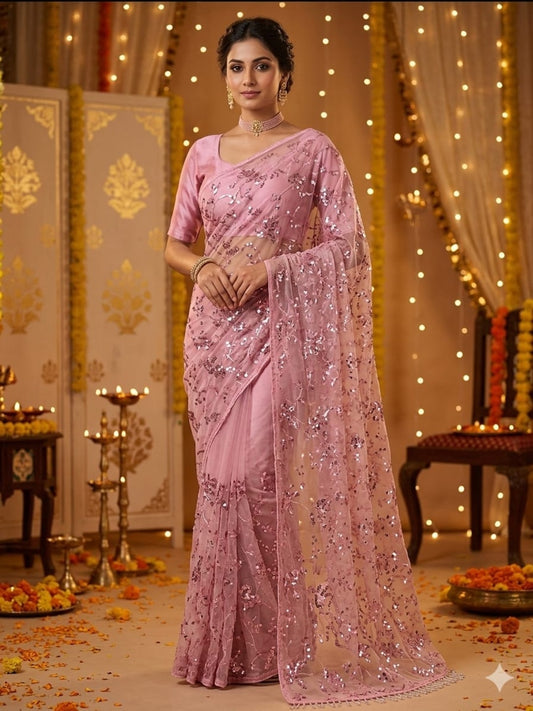 Soft Net Onion Pink Sequence Saree with Unsticthed Blouse