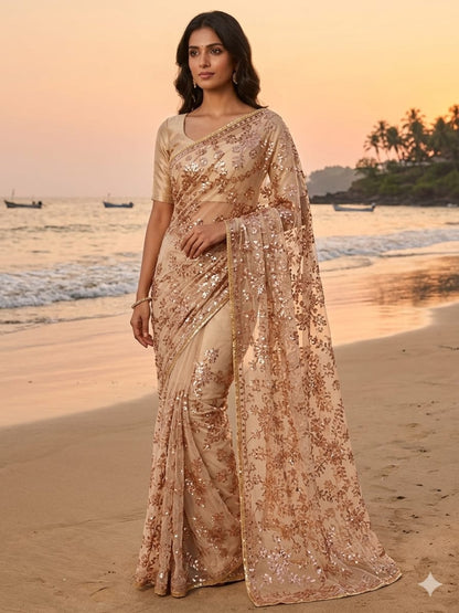 Soft Net Brown Copper Sequence Saree with Unsticthed Blouse