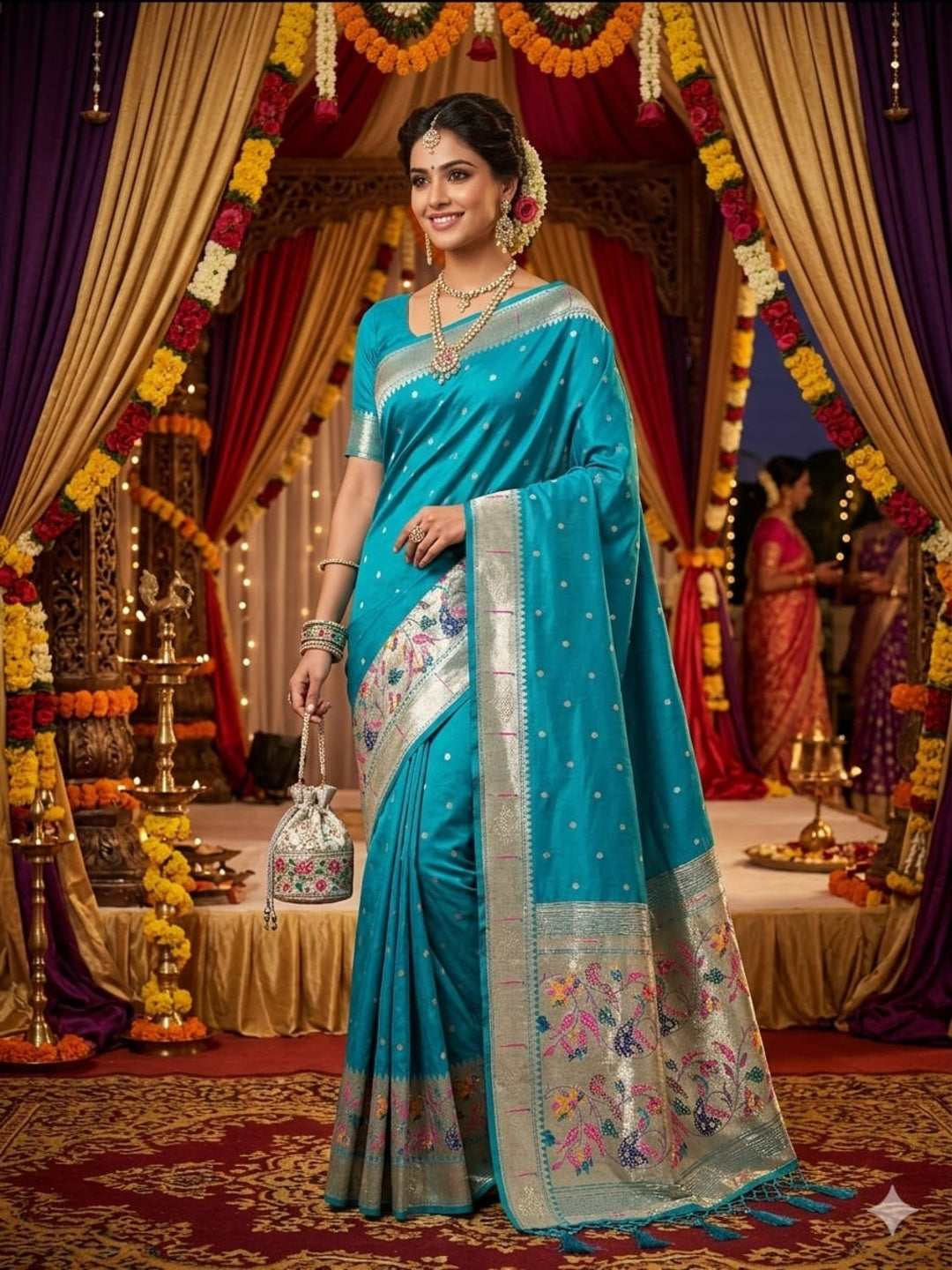 Soft Silk Paithani Peacock Saree Zari Border Swarovski Work with Booti/Unstitched Blouse