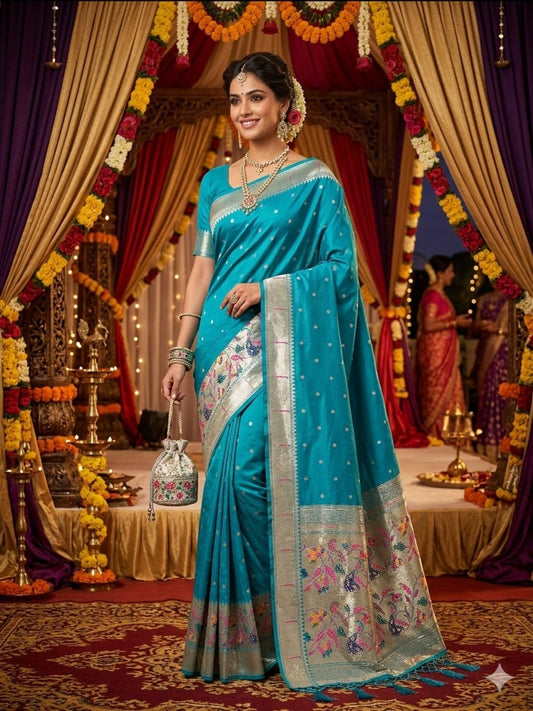 Soft Silk Paithani Peacock Saree Zari Border Swarovski Work with Booti/Unstitched Blouse
