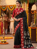 Black & Red Mashru Silk Self Weaving Saree with Unstitched Blouse