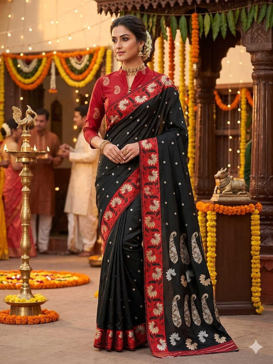 Black & Red Mashru Silk Zari Border Self Weaving with Booti/Unstitched Blouse