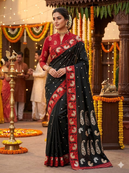 Black & Red Mashru Silk Zari Border Self Weaving with Booti/Unstitched Blouse