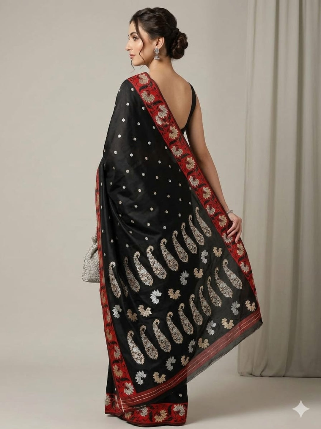 Black & Red Mashru Silk Zari Border Self Weaving with Booti/Unstitched Blouse