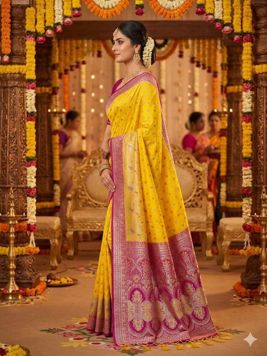 Yellow & Pink Soft Silk Golden Zari Border Swarovski Work Self Weaving with Booti/Unstitched Blouse