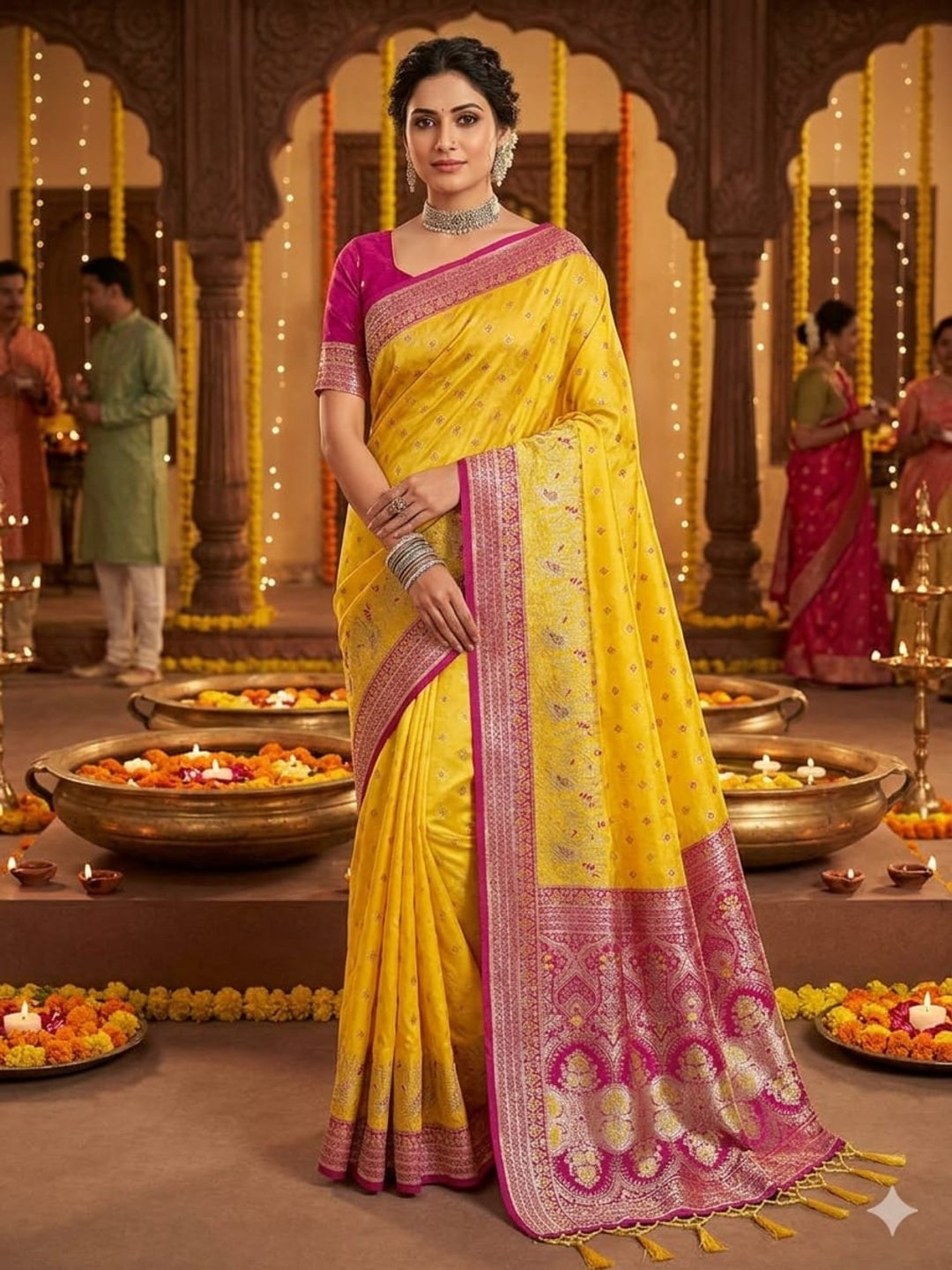 Yellow & Pink Soft Silk Golden Zari Border Swarovski Work Self Weaving with Booti/Unstitched Blouse