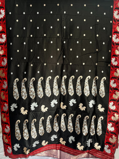 Black & Red Mashru Silk Zari Border Self Weaving with Booti/Unstitched Blouse